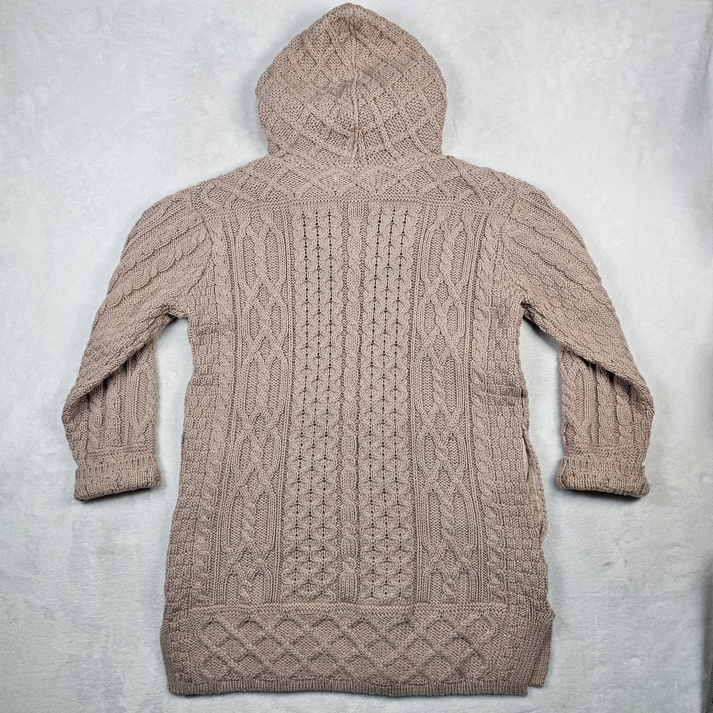 Aran Crafts Irish Wool Cable Knit Full Zip Cardigan Hoodie Womens XS Toupe Long - Picture 15 of 15